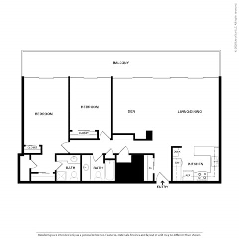 Floor plan for 2 beds, 2 baths, 1312 sqft